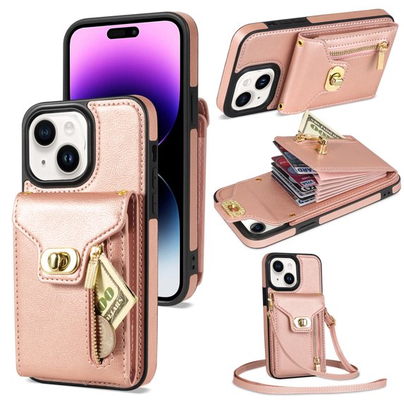 Crossbody Strap for iPhone 14 Plus Wallet Case with Card Holder, Flip PU Leather for iPhone 14 Plus Case Stand Zipper Pocket Protective Phone Case for Women Girls - Rosegold