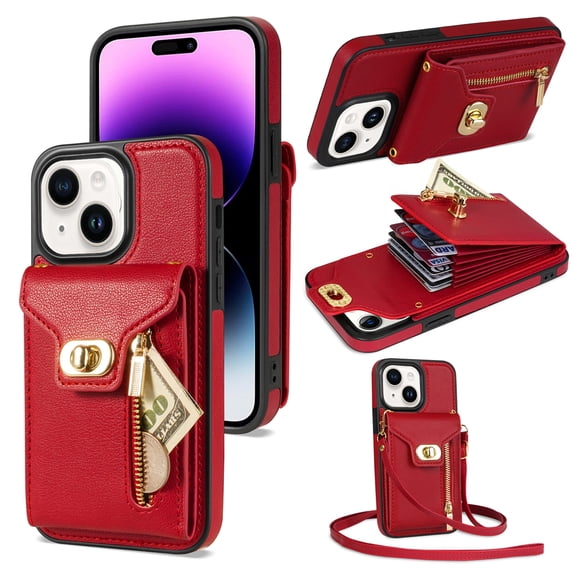Crossbody Strap for iPhone 15 Plus Wallet Case with Card Holder, Flip PU Leather for iPhone 15 Plus Case Stand Zipper Purse Protective Phone Case for Women Girls - Red