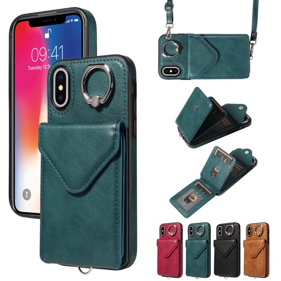 Crossbody Wallet Back Case for iPhone X/XS with Card Holder, Vintage Premium PU Leather Case with Long Shoulder Strap, Purse Shockproof Flip Phone Cover for iPhone X/XS, Green