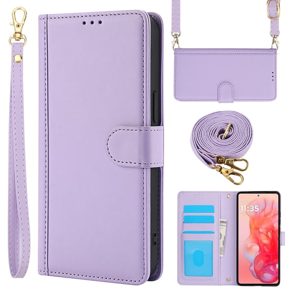 Crossbody Wallet Case Compatible for Motorola G Stylus 5G (2024) Card Holder PU Leather Magnetic Snap Lanyard Wrist Strap Shockproof Full Body Protection Purse Phone Case, Purple