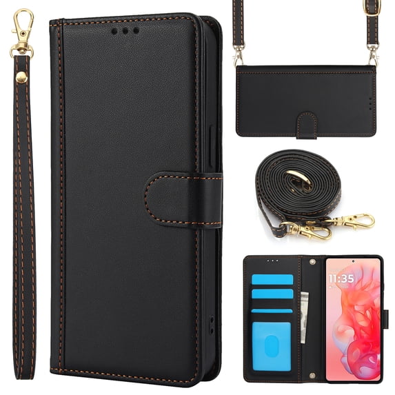 Crossbody Wallet Case Compatible for Motorola G Stylus 5G (2024) Card Holder PU Leather Magnetic Snap Lanyard Wrist Strap Shockproof Full Body Protection Purse Phone Case, Black