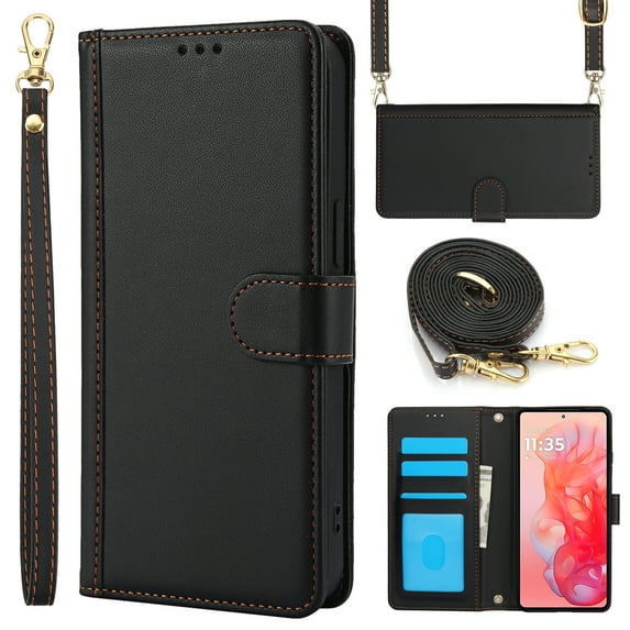 Crossbody Wallet Case Compatible for Motorola Moto G 5G (2024) Card Holder PU Leather Magnetic Snap Lanyard Wrist Strap Shockproof Full Body Protection Purse Phone Case, Black