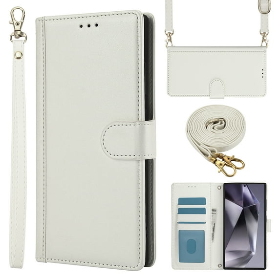 Crossbody Wallet Case Compatible for Samsung Galaxy S24 Card Holder PU Leather Magnetic Snap Lanyard Wrist Strap Shockproof Full Body Protection Purse Phone Case for Galaxy S24 Ultra, White