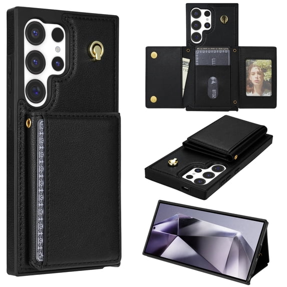 Crossbody Wallet Case Compatible for Samsung Galaxy S25 Ultra, Folio Card Holder PU Leather Magnetic Clasp Shoulder Strap Purse Phone Case for Samsung Galaxy S25 Ultra Protective Cover, Black