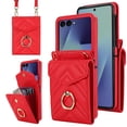 thumbnail image 1 of Crossbody Wallet Case Compatible for Samsung Galaxy Z Flip 7, RFID Blocking Card Slots, Metal Finger Ring, Premium PU Leather Lanyard Shoulder Strap Back Purse Cover Shockproof Case, Red, 1 of 9