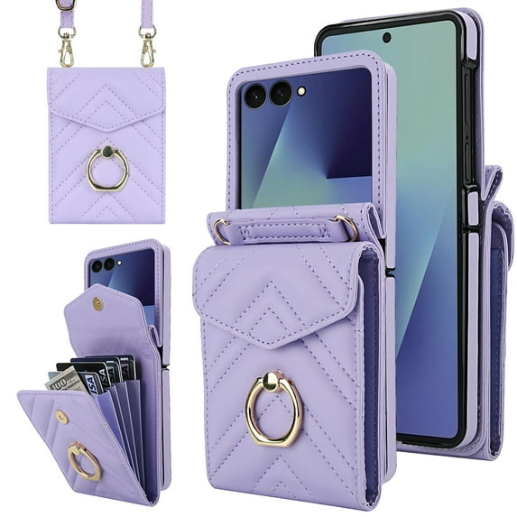 Crossbody Wallet Case Compatible for Samsung Galaxy Z Flip 7, RFID Blocking Card Slots, Metal Finger Ring, Premium PU Leather Lanyard Shoulder Strap Back Purse Cover Shockproof Case, Purple