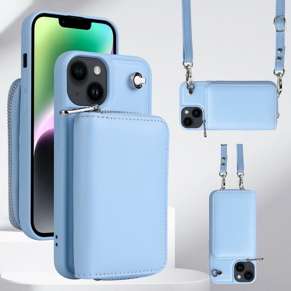 Crossbody Wallet Case Compatible with iPhone 11 with Detachable RFID Blocking Zipper Card Holder Pocket, Shoulder Strap Removable PU Leather Purse Shockproof Phone Cover, Skyblue