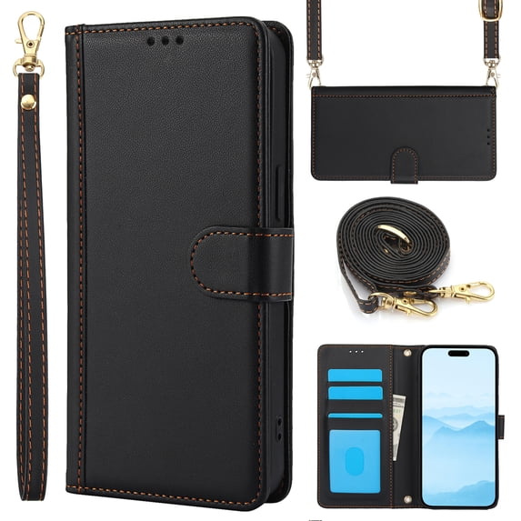 Crossbody Wallet Case Compatible for iPhone 11 Pro Card Holder PU Leather Magnetic Snap Lanyard Wrist Strap Shockproof Full Body Protection Purse Phone Case for iPhone 11 Pro, Black