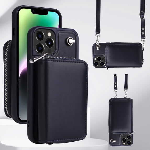 Crossbody Wallet Case Compatible with iPhone 11 Pro Max with Detachable RFID Blocking Zipper Card Holder Pocket, Shoulder Strap Removable PU Leather Purse Shockproof Phone Cover, Black