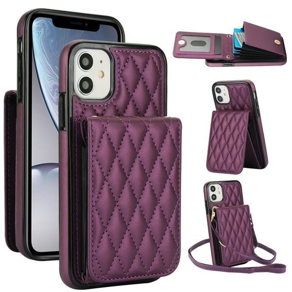 Crossbody Wallet Case Compatible for iPhone 11, RFID Blocking Protective Purse Case Cover with Card Slots Holder Kickstand Shoulder Strap Lanyard Magnetic Closure 6.1 Inch, Darkpurple