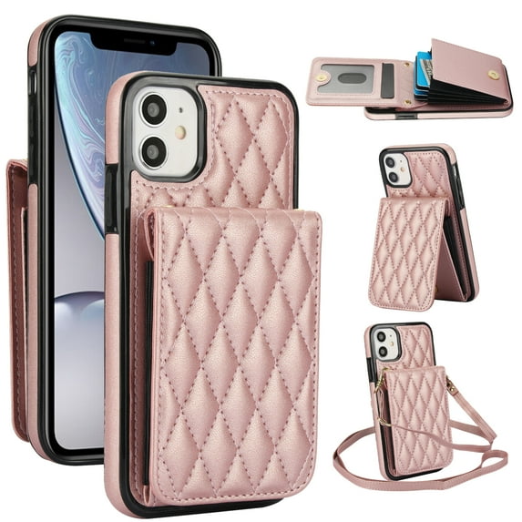 Crossbody Wallet Case Compatible for iPhone 11, RFID Blocking Protective Purse Case Cover with Card Slots Holder Kickstand Shoulder Strap Lanyard Magnetic Closure 6.1 Inch, Rosegold