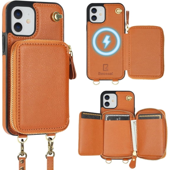 for  Crossbody Wallet Case Compatible with iPhone 12/12 Pro, RFID Blocking Protective Purse Case with Card Slots Holder Kickstand Wrist Strap Lanyard Zipper 6.1 Inch 5G (Brown)