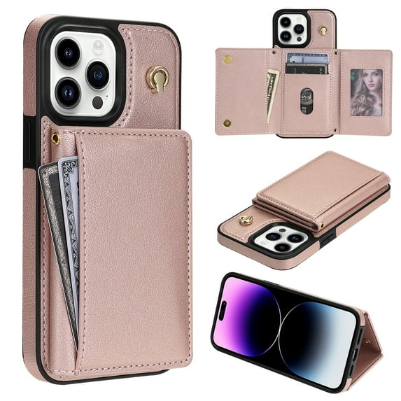 Crossbody Wallet Case Compatible for iPhone 12 Pro Max, Folio Card Holder PU Leather Magnetic Clasp Shoulder Strap Purse Phone Case for iPhone 12 Pro Max Protective Cover, Rosegold