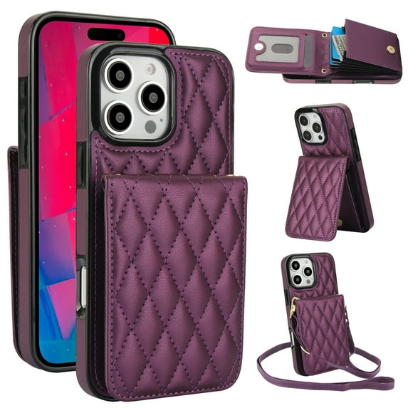 Crossbody Wallet Case Compatible for iPhone 12 Pro / iPhone 12 6.1", RFID Blocking Protective Purse Case Cover with Card Slots Holder Kickstand Shoulder Strap Lanyard Magnetic Closure, Darkpurple