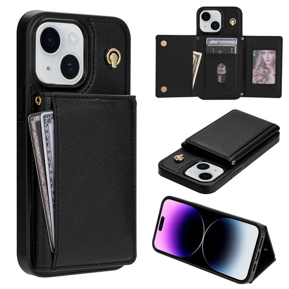 Crossbody Wallet Case Compatible for iPhone 13, Folio Card Holder PU Leather Magnetic Clasp Shoulder Strap Purse Phone Case for iPhone 13 Protective Cover, Black