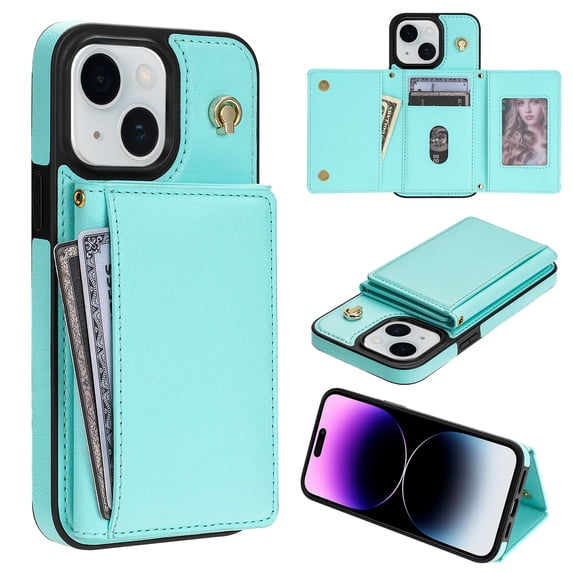 Crossbody Wallet Case Compatible for iPhone 13, Folio Card Holder PU Leather Magnetic Clasp Shoulder Strap Purse Phone Case for iPhone 13 Protective Cover, Mint