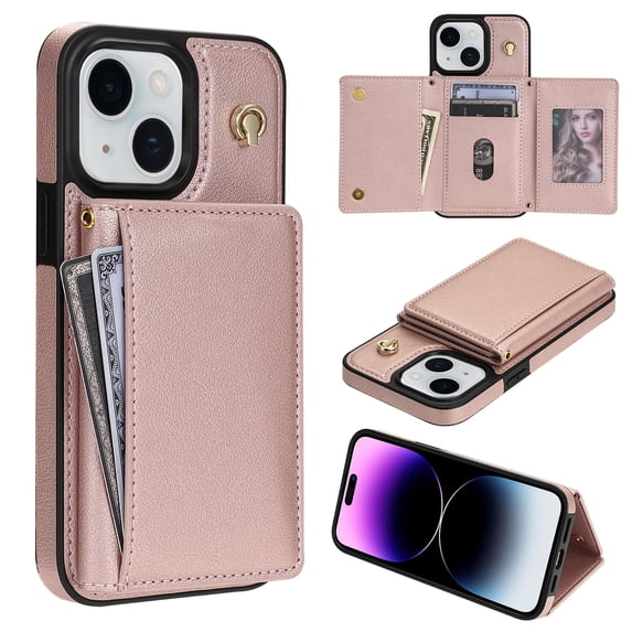 Crossbody Wallet Case Compatible for iPhone 13, Folio Card Holder PU Leather Magnetic Clasp Shoulder Strap Purse Phone Case for iPhone 13 Protective Cover, Rosegold