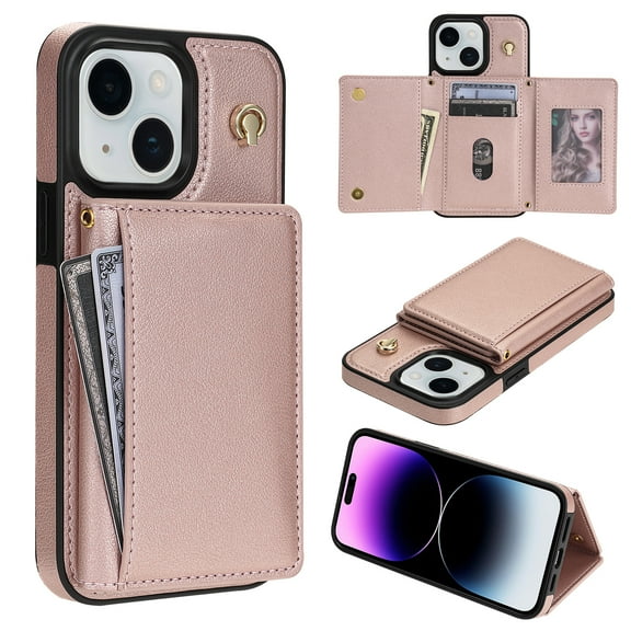 Crossbody Wallet Case Compatible for iPhone 15, Folio Card Holder PU Leather Magnetic Clasp Shoulder Strap Purse Phone Case for iPhone 15 Protective Cover, Rosegold
