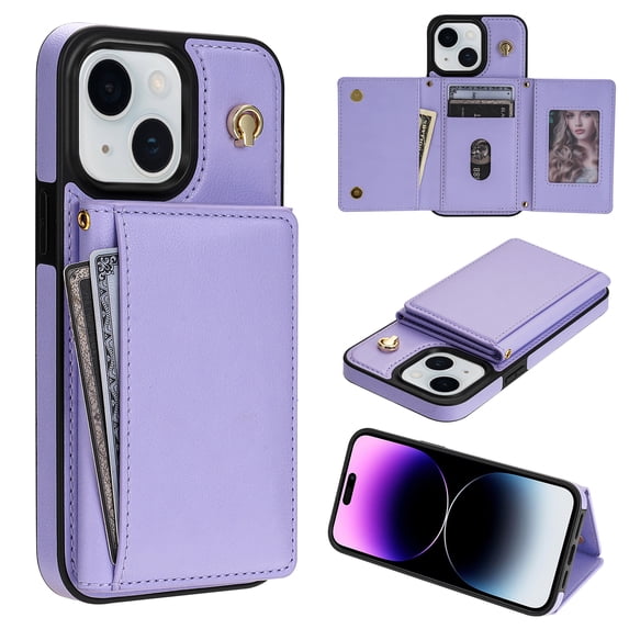 Crossbody Wallet Case Compatible for iPhone 15 Plus, Folio Card Holder PU Leather Magnetic Clasp Shoulder Strap Purse Phone Case for iPhone 15 Plus Protective Cover, Purple