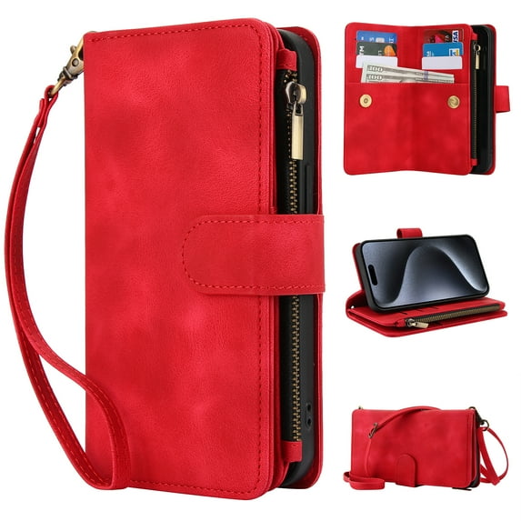 Crossbody Wallet Case Compatible for iPhone 15 Plus RFID Blocking 9-Card Holder Vintage PU Leather Shoulder Strap Zipper Pocket Phone Case with Flip Kickstand for iPhone 15 Plus, Red