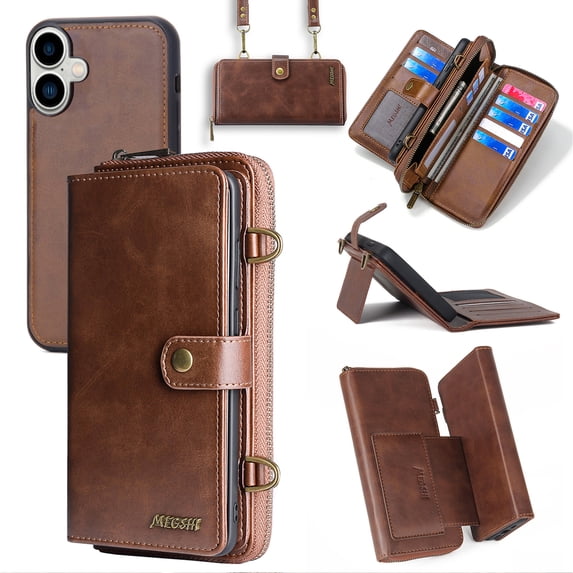 Crossbody Wallet Case Compatible with iPhone 16 Plus RFID Blocking Detachable Card Holder Soft PU Leather Magnetic Snap Shoulder Strap Zipper Phone Case For iPhone 16 Plus,Brown