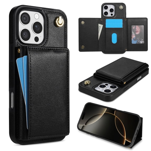 Crossbody Wallet Case Compatible for iPhone 16 Pro Max, Folio Card Holder PU Leather Magnetic Clasp Shoulder Strap Purse Phone Case for iPhone 16 Pro Max Protective Cover, Black