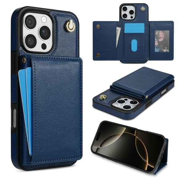 Crossbody Wallet Case Compatible for iPhone 16 Pro Max, Folio Card Holder PU Leather Magnetic Clasp Shoulder Strap Purse Phone Case for iPhone 16 Pro Max Protective Cover, Blue
