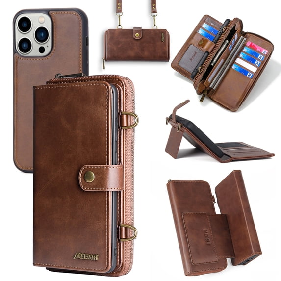 Crossbody Wallet Case Compatible with iPhone 16 Pro Max RFID Blocking Detachable Card Holder Soft PU Leather Magnetic Snap Shoulder Strap Zipper Phone Case For iPhone 16 Pro Max,Brown