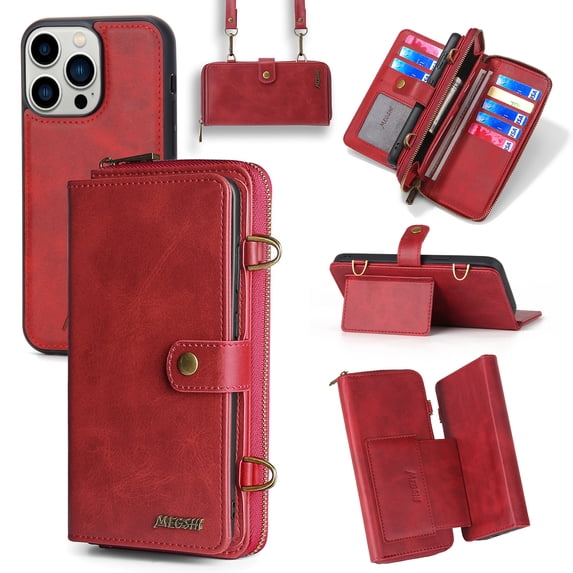 Crossbody Wallet Case Compatible with iPhone 16 Pro Max RFID Blocking Detachable Card Holder Soft PU Leather Magnetic Snap Shoulder Strap Zipper Phone Case For iPhone 16 Pro Max,Red