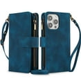 thumbnail image 1 of Crossbody Wallet Case Compatible for iPhone 16 Pro RFID Blocking 9-Card Holder Vintage PU Leather Shoulder Strap Zipper Pocket Phone Case with Flip Kickstand for iPhone 16 Pro, Blue, 1 of 9