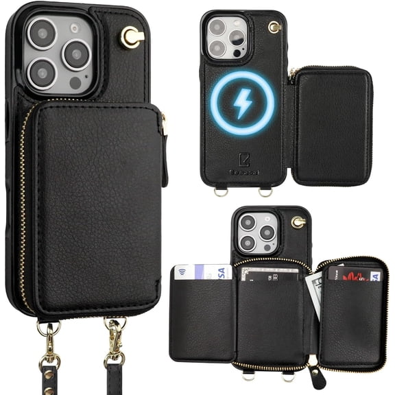 for  Crossbody Wallet Case Compatible with iPhone 16 Pro, RFID Blocking Protective Purse Case with Card Slots Holder Kickstand Wrist Strap Lanyard Zipper 6.3 Inch 5G (Black)