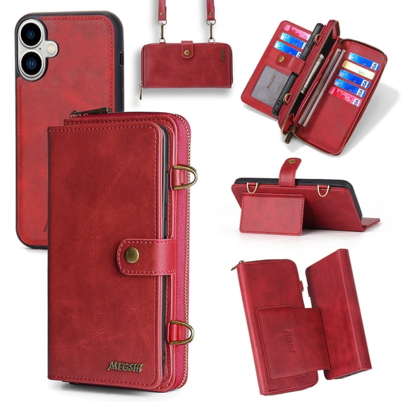 Crossbody Wallet Case Compatible with iPhone 16 RFID Blocking Detachable Card Holder Soft PU Leather Magnetic Snap Shoulder Strap Zipper Phone Case For iPhone 16,Red