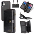 thumbnail image 1 of Crossbody Wallet Case Compatible with iPhone 16 RFID Blocking Detachable Card Holder Soft PU Leather Magnetic Snap Shoulder Strap Zipper Phone Case For iPhone 16,Black, 1 of 8
