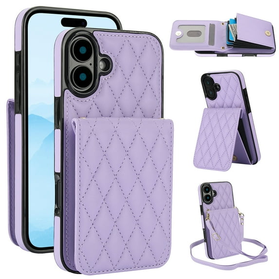 Crossbody Wallet Case Compatible for iPhone 16, RFID Blocking Protective Purse Case Cover with Card Slots Holder Kickstand Shoulder Strap Lanyard Magnetic Closure for iPhone 16, Purple