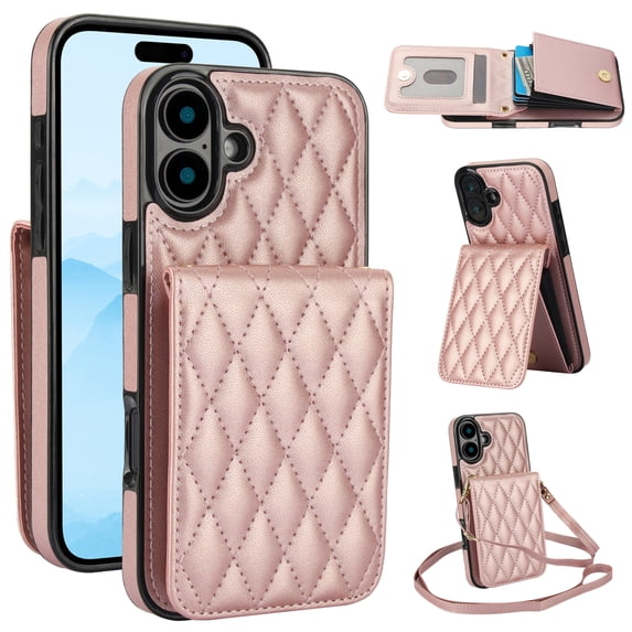 Crossbody Wallet Case Compatible for iPhone 16, RFID Blocking Protective Purse Case Cover with Card Slots Holder Kickstand Shoulder Strap Lanyard Magnetic Closure for iPhone 16, Rosegold
