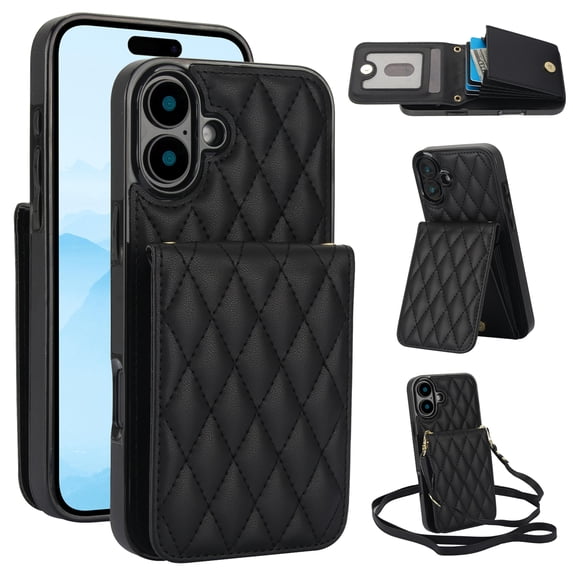 Crossbody Wallet Case Compatible for iPhone 16, RFID Blocking Protective Purse Case Cover with Card Slots Holder Kickstand Shoulder Strap Lanyard Magnetic Closure for iPhone 16, Black