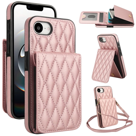 Crossbody Wallet Case Compatible for iPhone 16e, RFID Blocking Protective Purse Case Cover with Card Slots Holder Kickstand Shoulder Strap Lanyard Magnetic Closure 6.1 Inch, Rosegold
