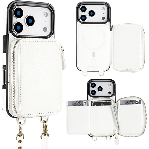 for Crossbody Wallet Case Compatible with iPhone 17 Pro, RFID Blocking Protective Purse Case with Card Slots Holder Kickstand Wrist Strap Lanyard Zipper 6.3 Inch 5G (White)