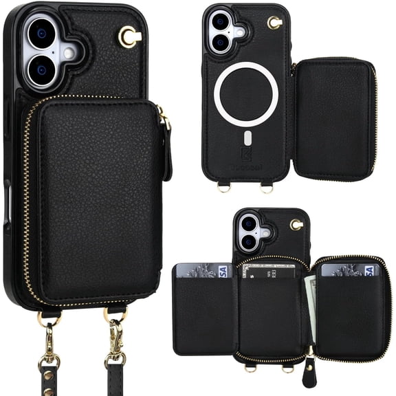 for  Crossbody Wallet Case Compatible with iPhone 17, RFID Blocking Protective Purse Case with Card Slots Holder Kickstand Wrist Strap Lanyard Zipper 6.3 Inch 5G (Black)
