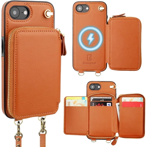 for  Crossbody Wallet Case Compatible with iPhone 17e/16e, RFID Blocking Protective Purse Case with Card Slots Holder Kickstand Wrist Strap Lanyard Zipper 6.1 Inch 5G (Brown)