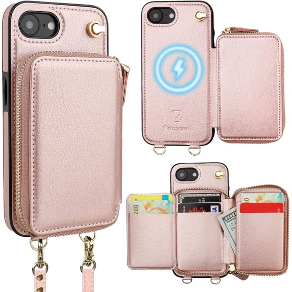 for  Crossbody Wallet Case Compatible with iPhone 17e/16e, RFID Blocking Protective Purse Case with Card Slots Holder Kickstand Wrist Strap Lanyard Zipper 6.1 Inch 5G (Rose Gold)