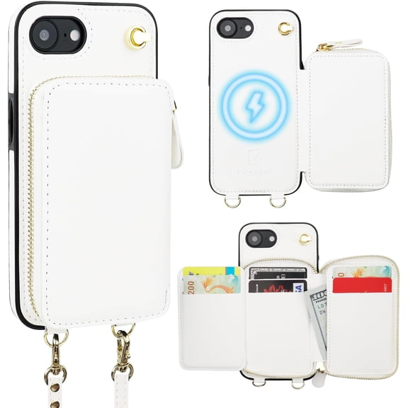 for Crossbody Wallet Case Compatible with iPhone 17e/16e, RFID Blocking Protective Purse Case with Card Slots Holder Kickstand Wrist Strap Lanyard Zipper 6.1 Inch 5G (White)