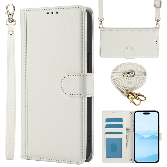 Crossbody Wallet Case Compatible for iPhone XR Card Holder PU Leather Magnetic Snap Lanyard Wrist Strap Shockproof Full Body Protection Purse Phone Case for iPhone XR, White