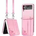 thumbnail image 1 of Crossbody Wallet Case Compatible with Samsung Galaxy Z Flip 4 with Lanyard Leather Shockproof Girly Case-Pink, 1 of 6