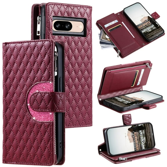 Crossbody Wallet Case for Google Pixel 10 /10 Pro Glitter PU Leather Phone Case with Card Slots Stand Wrist Strap Cover Magnetic Closure Flip Handbag Zipper Purse Case for Women Girls, Winered