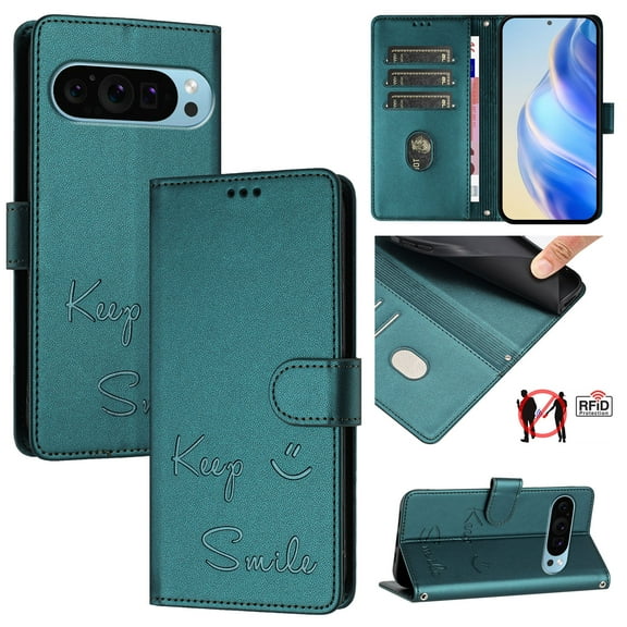 Crossbody Wallet Case for Google Pixel 10 /10 Pro, Smile Pattern PU Leather Phone Case with Kickstand RFID Blocking Card Slots, Magnetic Closure Folio Cover with Wrist Strap Lanyard, Darkgreen