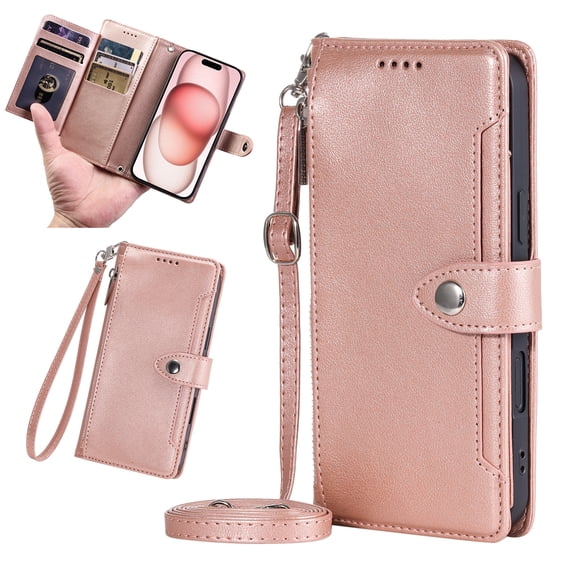 Crossbody Wallet Case For Google Pixel 10A, Premium PU Leather Folio Flip Stand with Zipper Pocket 9 Card Slots Holder Adjustable Shoulder Strap & Wristlet RFID Blocking Purse Case,Rosegold