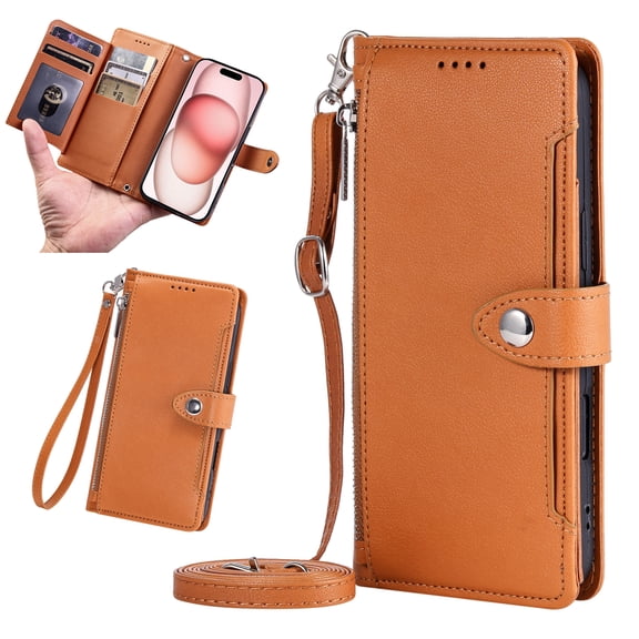 Crossbody Wallet Case For Google Pixel 10A, Premium PU Leather Folio Flip Stand with Zipper Pocket 9 Card Slots Holder Adjustable Shoulder Strap & Wristlet RFID Blocking Purse Case,Brown