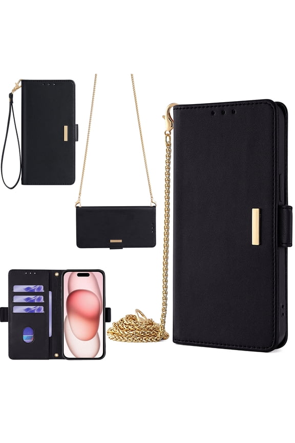 Crossbody Wallet Case for Google Pixel 10A with RFID Blocking Card Slot Holder,Magnetic Flip Purse Case, PU Leather Zipper Handbag with Detachable Shoulder Chain & Short Wrist Strap,Black