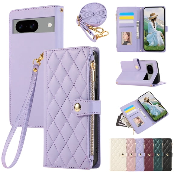 Crossbody Wallet Case for Google Pixel 6 with Zipper Card Holder & Shoulder Strap & Wrist Strap, RFID Blocking PU Leather Magnetic Flip Kickstand Handbag Purse Case for Women Girls,Purple